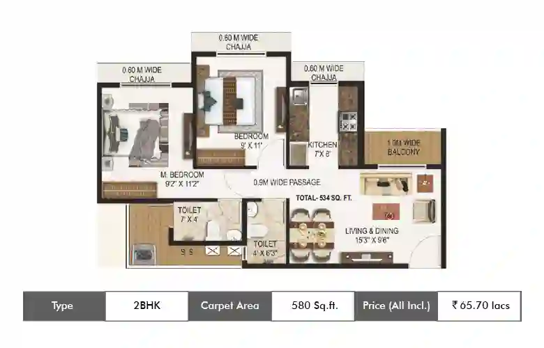 Today Saubhagyam 2 BHK floor plan, 580 sq ft carpet area
