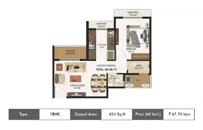Today Saubhagyam 1 BHK floor plan, 426 sq ft carpet area